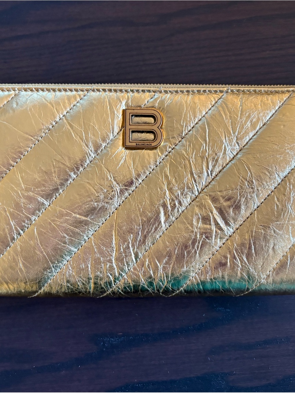 Balenciaga Metallic Gold Quilted Zip Wallet